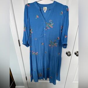 Anthropologie Fig And Flower Blue Tiered Embroidered Maxi Dress XL